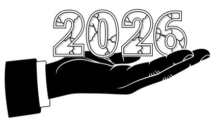 Conceptual vector art of a hand presenting the year 2026 with a fragile, cracked texture, representing future uncertainty and challenges