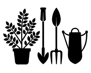 Gardening tools and plants silhouette vector illustration isolated on white background