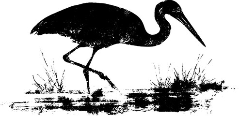 Fototapeta premium Black and white stencil illustration of crane-like waterbird in grunge style for design