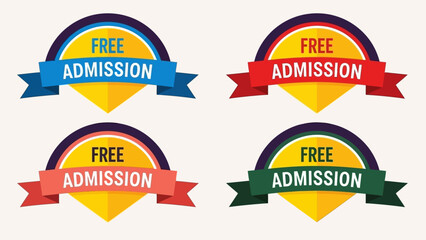 A vibrant collection of promotional vector badges with colorful ribbons, announcing free admission for events or special offers