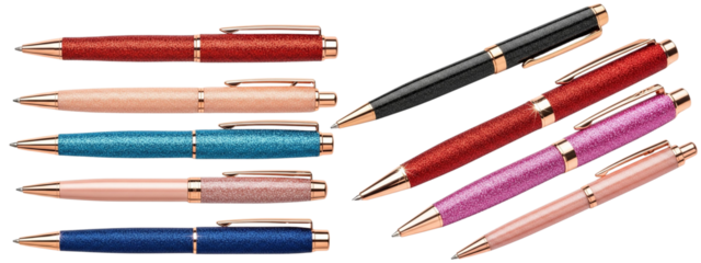 Colorful pens on a white background. The pens have varying metallic finishes and styles, suitable for professional use.