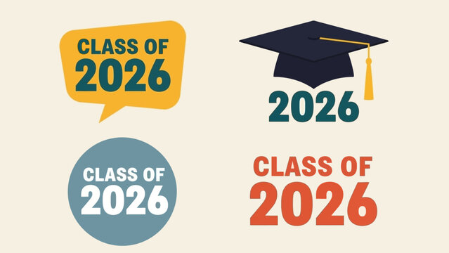Class of 2026 graduation vector icon and badge collection. A set of graphics for high school or college seniors featuring a mortarboard cap