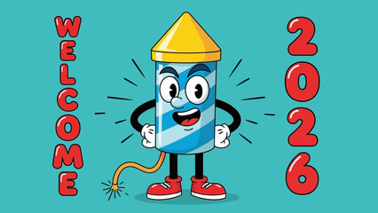 A cheerful cartoon firework rocket character welcomes the year 2026. Vector illustration for a Happy New Year celebration