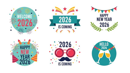 A vibrant collection of festive Happy New Year 2026 badges and labels for holiday celebrations and party greetings