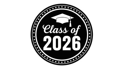 Class of 2026 black and white graduation emblem with a mortarboard cap. A simple vector seal icon for academic achievement and commencement