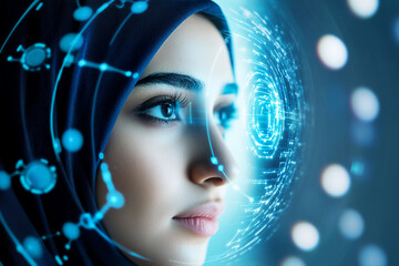 Focused woman in hijab using futuristic digital interface with holographic data and ai network, generative ai