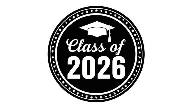 Class of 2026 black and white graduation emblem with a mortarboard cap. A simple vector seal icon for academic achievement and commencement