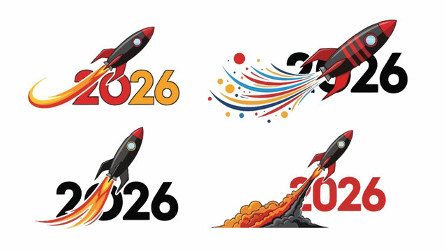Vector collection of rocket launch icons for the year 2026, representing a new beginning, progress, and successful takeoff