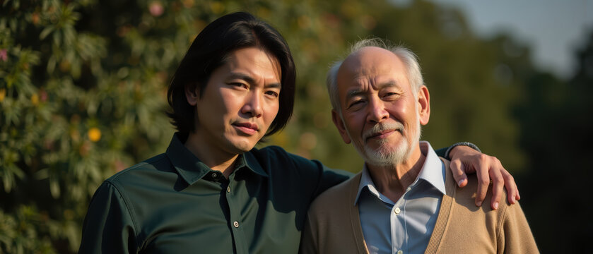 Candid portrait of two men, one younger and one older, standing together outdoors in natural setting, showcasing warm connection and familial bond
