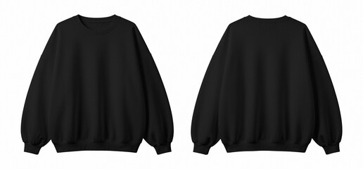 Black Oversized Crewneck Sweatshirt Front and Back Views Isolated on White Background