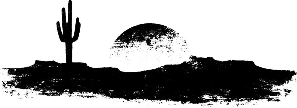 Stencil art silhouette of desert horizon with cactus at sunset