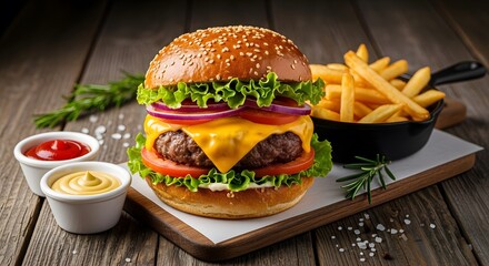 Delicious cheeseburger with fries and condiments on rustic wooden board