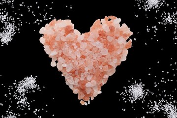 A heart-shaped arrangement of pink salt against a black background, creatively illustrating the love for cooking and flavor