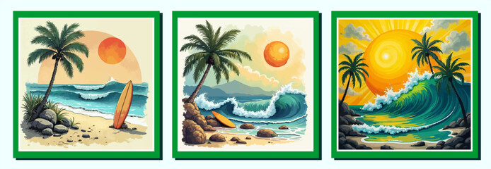 a set of three vibrant, tropical-themed art prints or illustrations in a consistent style