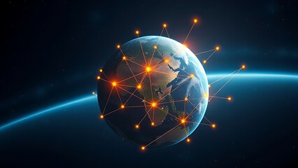 Satellite view of Earth with golden connection points, abstract digital networks against deep space.