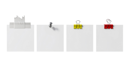 Four blank white notes held by tape, pin, yellow and red clips isolated on transparent background