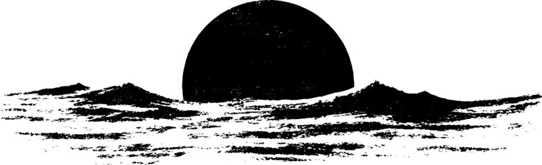 Black and white stencil illustration of a sunrise over the ocean horizon