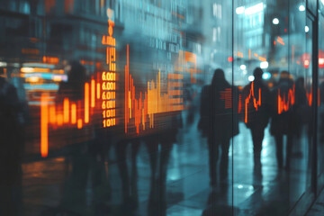 Financial district with stock market data and blurred silhouettes of people. a dynamic scene of financial activity, with data overlays and anonymous figures.