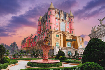 Majestic castle at sunset in ba na hills, Da nang Vietnam