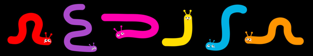 Caterpillar set line. Insect icon. Cute crawling bug. Cartoon funny kawaii baby animal character. Smiling face. Colorful bright blue green red orange pink color. Flat design. Black background Vector