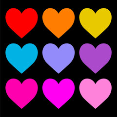 Colorful heart icon set. Happy Valentines day. Different color. Love sign symbol simple template. Greeting card. Decoration element. Square composition. Flat design. Black background. Vector