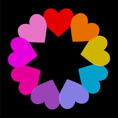 Colorful heart round frame. Happy Valentines day. Different color. Love sign symbol simple template. Greeting card. Decoration element. Square composition. Simple flat design. Black background. Vector