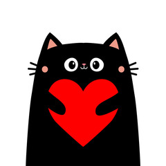 Cute Black cat kitten kitty holding big red heart. Cartoon kawaii funny animal baby character. Flat design. Happy Valentines Day. Love card. Childish style. Isolated. White background. Vector