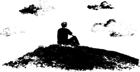 Contemplative silhouette on hill with clouds stencil art for design projects