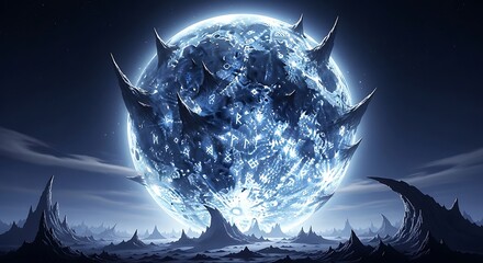 Mystical glowing spiked celestial orb over a desolate alien landscape.