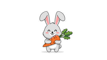 Obraz premium Cute cartoon grey bunny rabbit holding a large orange carrot with green leaves.
