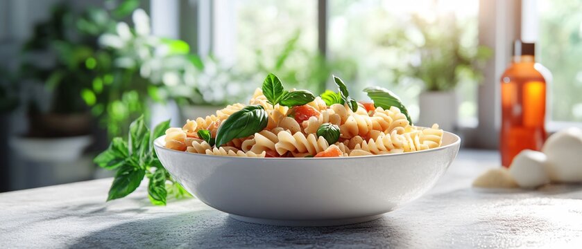 Gourmet pasta dish with fresh garden salad - Powered by Adobe