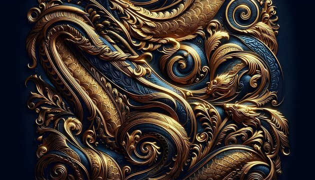 Golden dragon pattern with intricate details on dark blue background. AI Generated, Generative AI