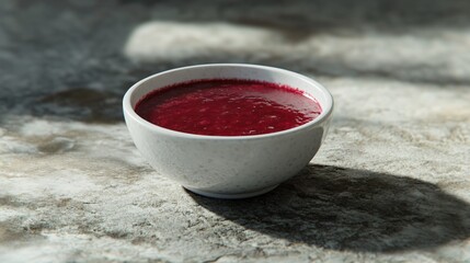 Delicious homemade beet soup in rustic stone bowl