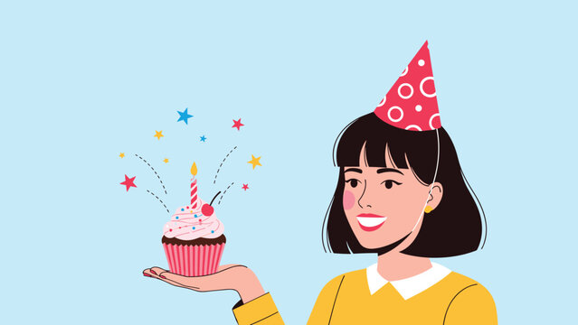 Happy young woman wearing a party hat holds a birthday cupcake with a lit candle and sprinkles. - Powered by Adobe
