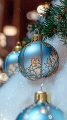 8K Ultra-HD Blue and Gold Leaf Pattern Christmas Ornament,Festive Promotion Design Material,Immersive Cool Tone Holiday Atmosphere,Suitable for Luxury Ecommerce Festive Atmosphere Page