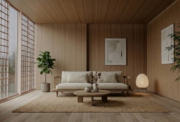 modern living room, interior japandi minimalis. AI