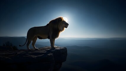 Lion standing proudly on a rocky cliff illuminated by the sun with a majestic landscape view behind