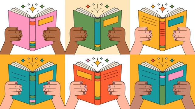Diverse hands holding open books with glowing pages representing education knowledge imagination and the joy of reading in a vibrant colorful illustration