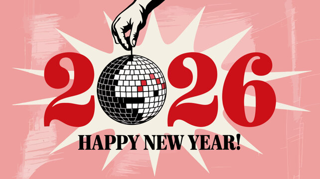 Retro style illustration of a hand holding a disco ball with the year 2026 and happy new year text on a pink background with starbursts celebrating the upcoming year with a festive and vintage feel