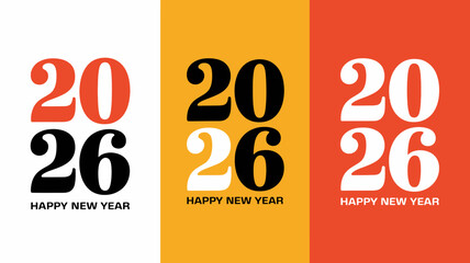 Bold graphic design celebrating the arrival of the new year 2026 with large numerals in red orange and white against contrasting backgrounds