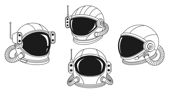 Collection of four distinct black and white line art illustrations featuring retro-futuristic astronaut helmets, each with unique details, communication devices, and visors.