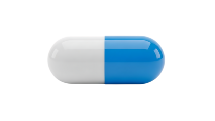A single pharmaceutical capsule, with white and blue halves, cutout, PNG isolated on white or transparent background