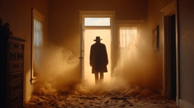 A silhouette in a doorway filled with haze, emanating a sense of mystery and isolation - Powered by Adobe