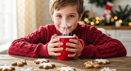 Happy boy drinking hot chocolate from a red mug at Christmas. Cute child in a cozy sweater enjoying a festive winter morning with gingerbread cookies