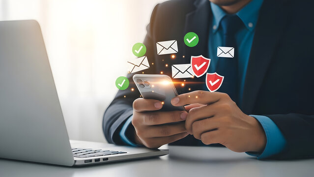 Businessman checking email on smartphone with security icons
