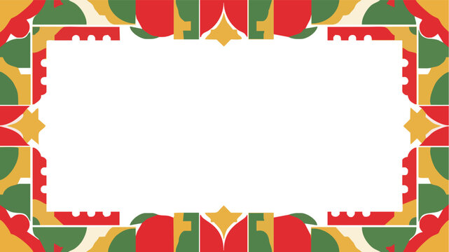 Vibrant abstract border design featuring rich red green and gold geometric shapes perfect for festive announcements or elegant invitations