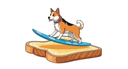 Obraz premium Cartoon dog surfing on a surfboard, the surfboard laying on a slice of bread funny