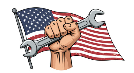 A strong hand clenches a wrench against the backdrop of a waving American flag, symbolizing American labor and industry.