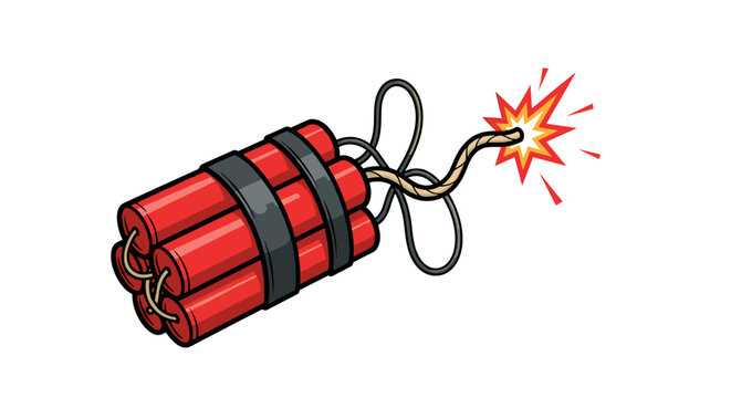 A cartoon illustration of a bundle of red dynamite sticks with a lit fuse sparking and burning, signaling an imminent explosion.