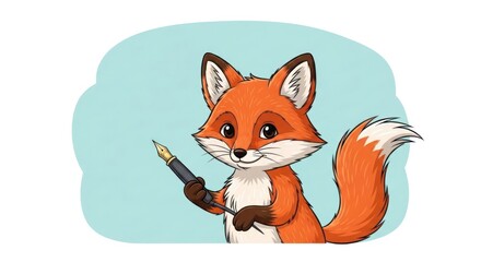 Obraz premium Cute Cartoon Fox Holding a Fountain Pen Illustration for Children's Books Designs
